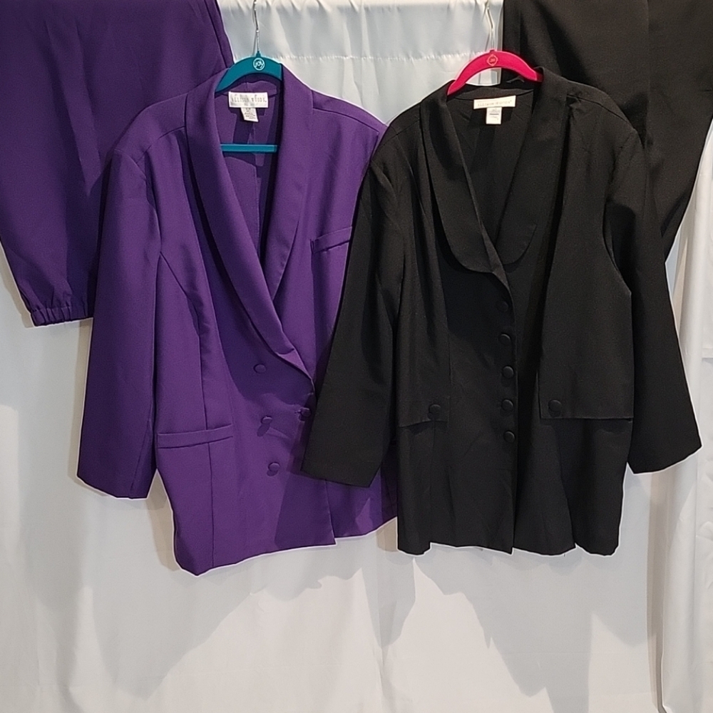 Vintage Allison Woods Women's 32W Purple& Black Button Up Blazer Pant Suit Sets